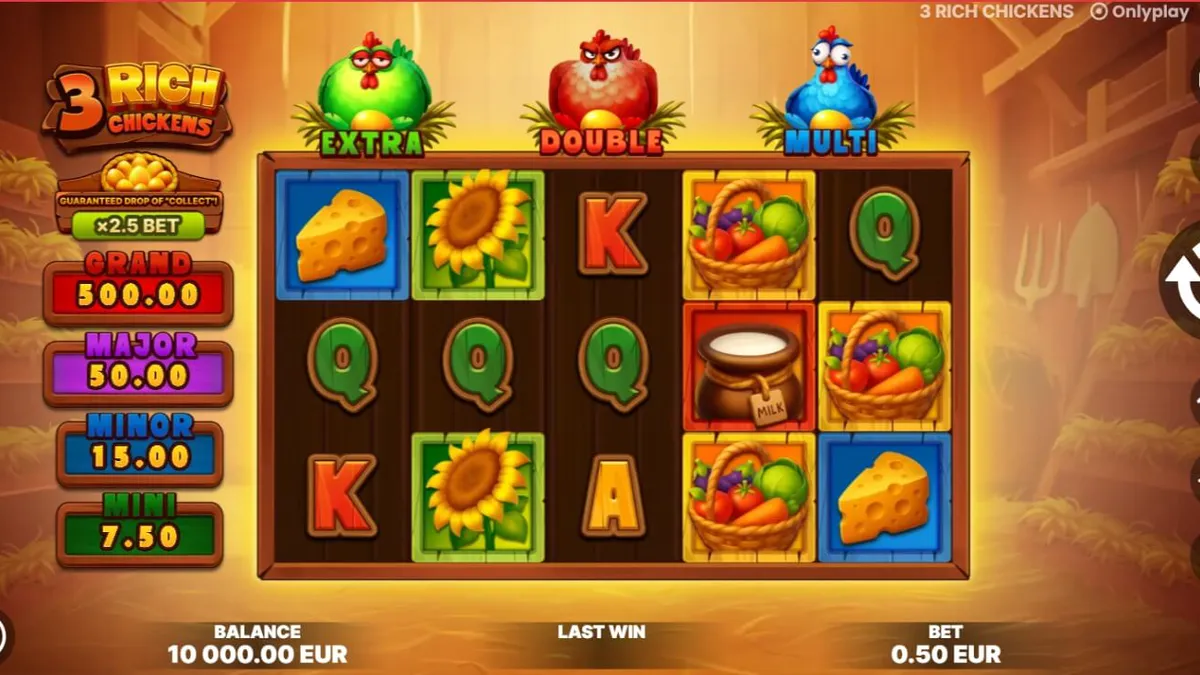 Tampilan visual slot 3 Rich Chickens dengan latar belakang peternakan yang ceria