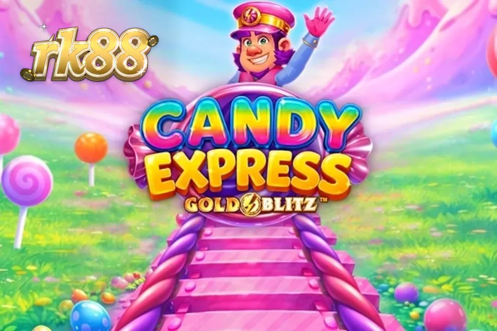 Tampilan visual slot Candy Express Gold Blitz dengan tema permen dan kereta api.