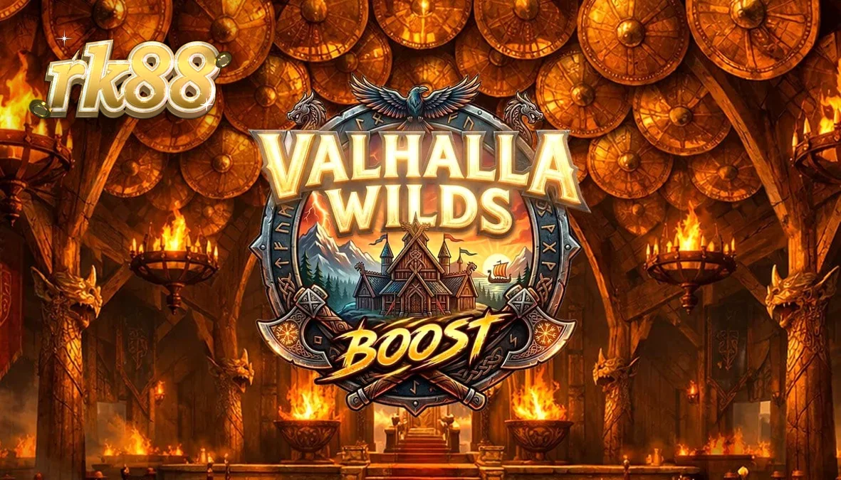 Pemandangan visual slot Valhalla Wilds Boost dengan tema Viking dan simbol rune.